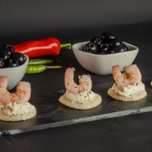 Mini pancakes with cream cheese and shrimp